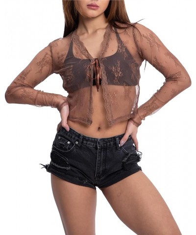 Y2k Lace Mesh Cardigans See Through Long Sleeve Top Tie Front Crop Top Vintage Sheer Shirt Brown $8.69 Sweaters