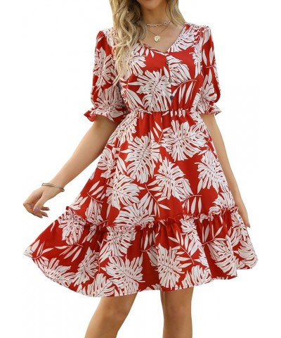 JIAGONG 2023 Women's Summer Dresses Puff Sleeve Floral Ruffle Casual V Neck Elastic High Waist Mini Dresses Red $13.25 Dresses