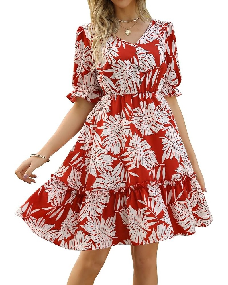 JIAGONG 2023 Women's Summer Dresses Puff Sleeve Floral Ruffle Casual V Neck Elastic High Waist Mini Dresses Red $13.25 Dresses