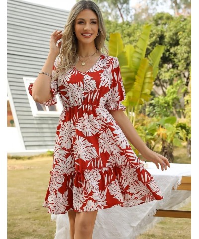 JIAGONG 2023 Women's Summer Dresses Puff Sleeve Floral Ruffle Casual V Neck Elastic High Waist Mini Dresses Red $13.25 Dresses