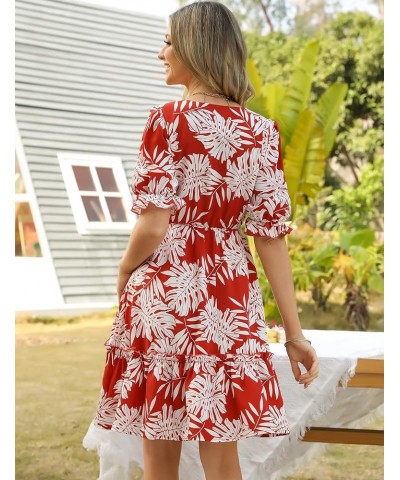 JIAGONG 2023 Women's Summer Dresses Puff Sleeve Floral Ruffle Casual V Neck Elastic High Waist Mini Dresses Red $13.25 Dresses