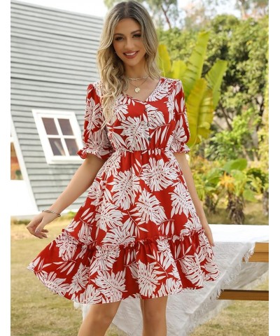 JIAGONG 2023 Women's Summer Dresses Puff Sleeve Floral Ruffle Casual V Neck Elastic High Waist Mini Dresses Red $13.25 Dresses