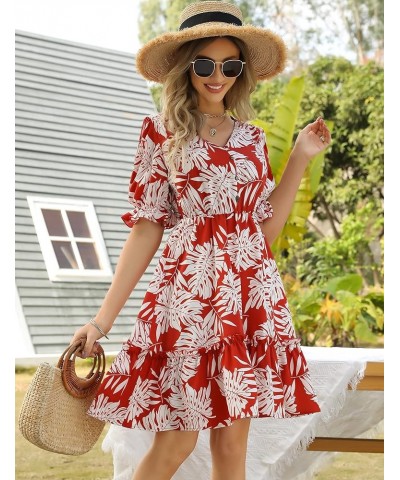 JIAGONG 2023 Women's Summer Dresses Puff Sleeve Floral Ruffle Casual V Neck Elastic High Waist Mini Dresses Red $13.25 Dresses