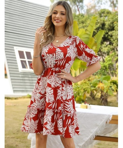 JIAGONG 2023 Women's Summer Dresses Puff Sleeve Floral Ruffle Casual V Neck Elastic High Waist Mini Dresses Red $13.25 Dresses