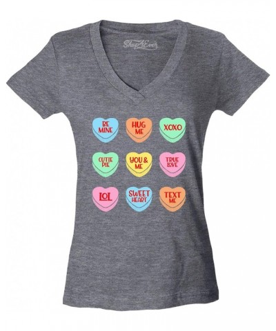 Valentine's Day Candy Hearts Conversation Heart Women's V-Neck T-Shirt Slim Fit Heather Charcoal $10.39 Tops