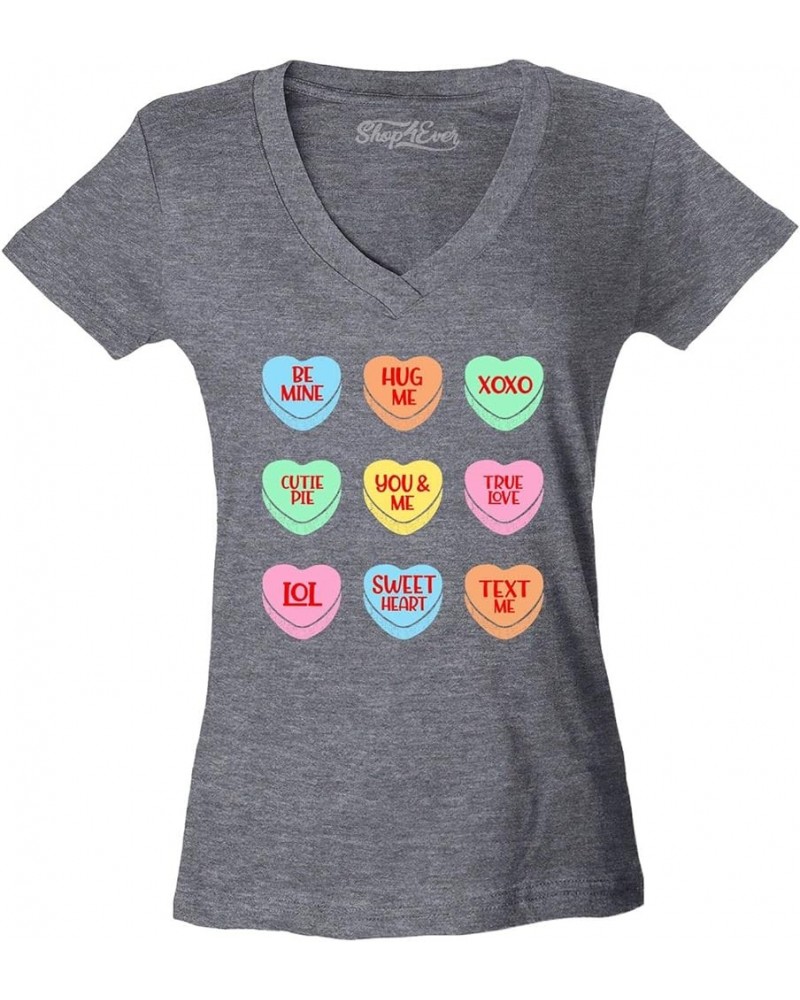 Valentine's Day Candy Hearts Conversation Heart Women's V-Neck T-Shirt Slim Fit Heather Charcoal $10.39 Tops