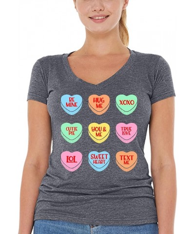 Valentine's Day Candy Hearts Conversation Heart Women's V-Neck T-Shirt Slim Fit Heather Charcoal $10.39 Tops