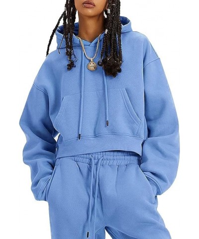 Women's 2 Piece Outfits Hoodies Crop Pullover and Joggers Pants Fleece Tracksuit Sweatsuit Set Light Blue $26.94 Activewear