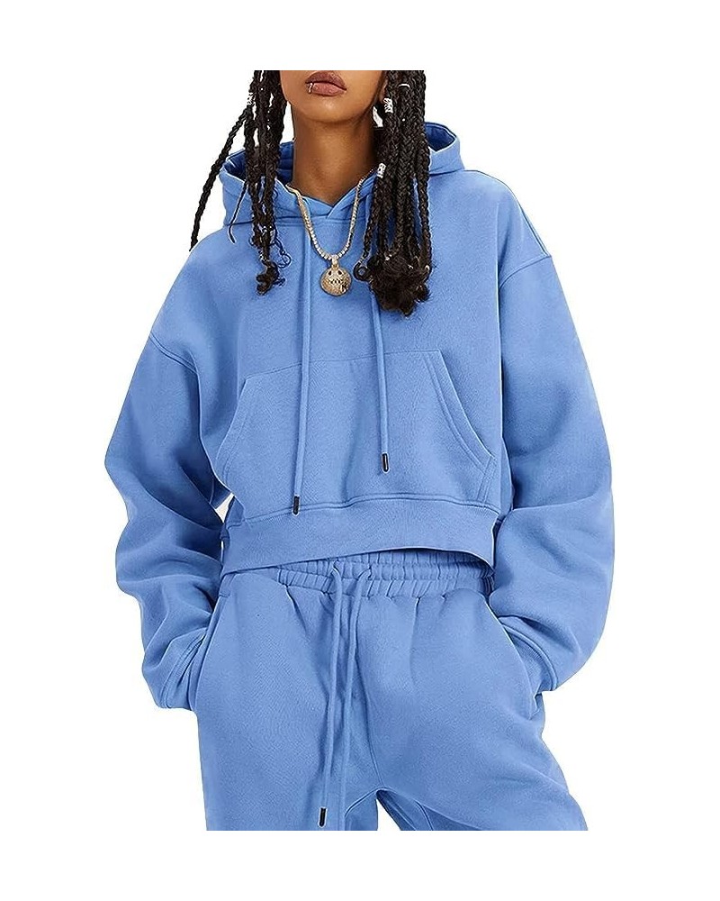 Women's 2 Piece Outfits Hoodies Crop Pullover and Joggers Pants Fleece Tracksuit Sweatsuit Set Light Blue $26.94 Activewear