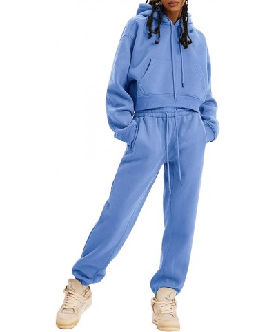 Women's 2 Piece Outfits Hoodies Crop Pullover and Joggers Pants Fleece Tracksuit Sweatsuit Set Light Blue $26.94 Activewear