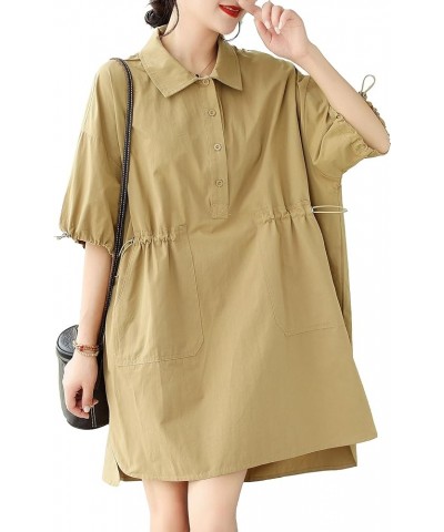 Women's Half Sleeve Polo Collar Solid Color Button Down High Low Tunic Dress Shirts GA2689 Khaki $16.79 Tops