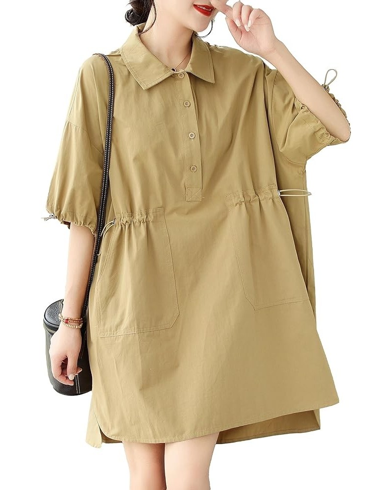 Women's Half Sleeve Polo Collar Solid Color Button Down High Low Tunic Dress Shirts GA2689 Khaki $16.79 Tops