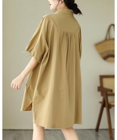 Women's Half Sleeve Polo Collar Solid Color Button Down High Low Tunic Dress Shirts GA2689 Khaki $16.79 Tops