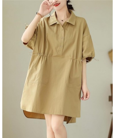 Women's Half Sleeve Polo Collar Solid Color Button Down High Low Tunic Dress Shirts GA2689 Khaki $16.79 Tops