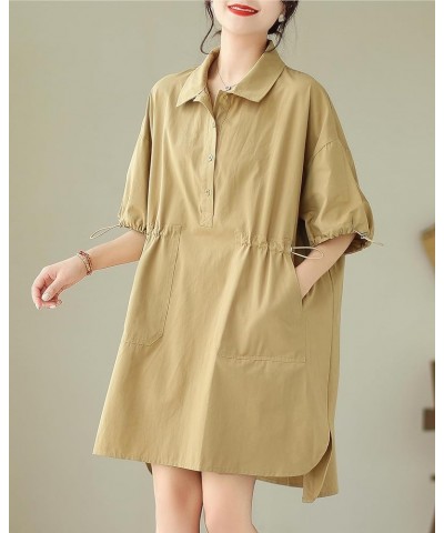 Women's Half Sleeve Polo Collar Solid Color Button Down High Low Tunic Dress Shirts GA2689 Khaki $16.79 Tops