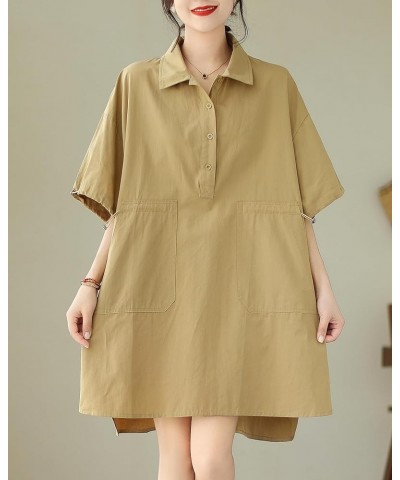 Women's Half Sleeve Polo Collar Solid Color Button Down High Low Tunic Dress Shirts GA2689 Khaki $16.79 Tops