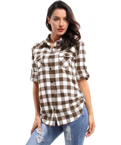 Women's Plaid Flannel Shirt Long Sleeve Button Down Casual Fitted Western Tops Coffee White Plaid $11.75 Blouses