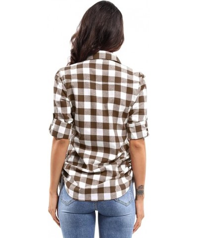 Women's Plaid Flannel Shirt Long Sleeve Button Down Casual Fitted Western Tops Coffee White Plaid $11.75 Blouses