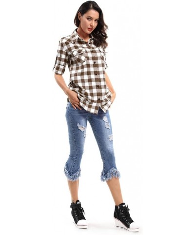 Women's Plaid Flannel Shirt Long Sleeve Button Down Casual Fitted Western Tops Coffee White Plaid $11.75 Blouses