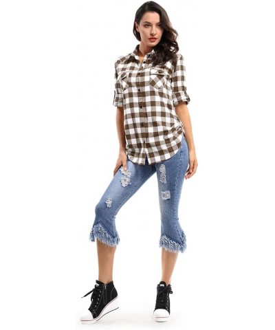 Women's Plaid Flannel Shirt Long Sleeve Button Down Casual Fitted Western Tops Coffee White Plaid $11.75 Blouses