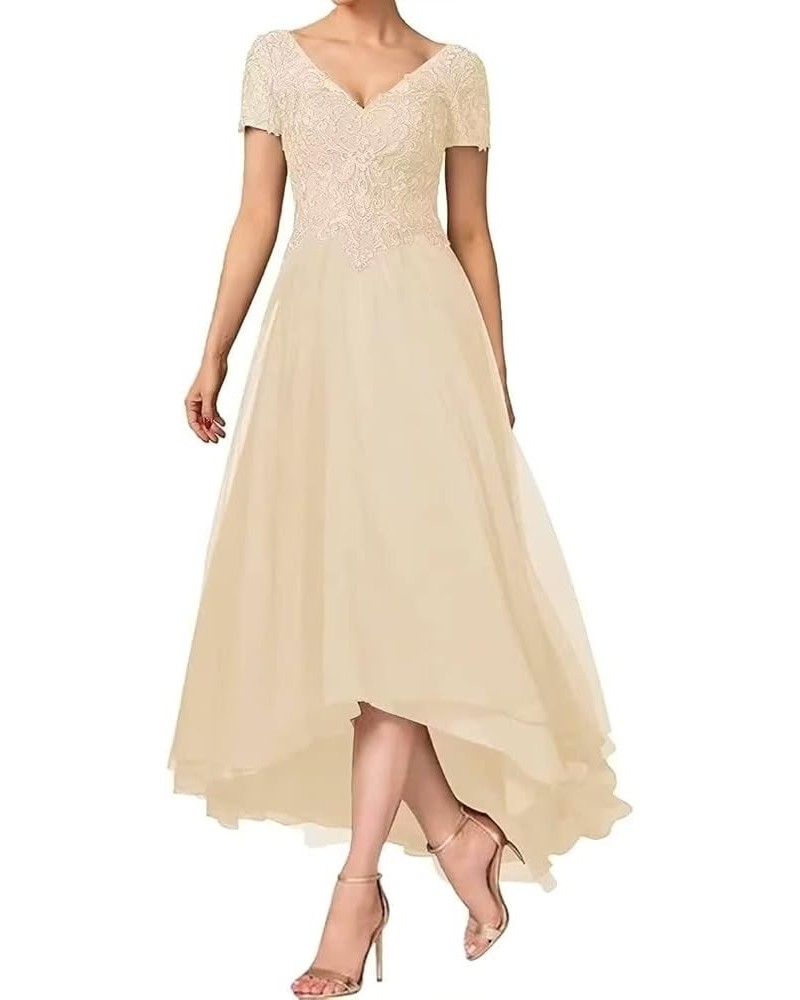 Mother of The Bride Dresses for Women Short Sleeve Lace Appliques V Neck Hi-Lo Formal Evening Gown Champagne $33.00 Dresses