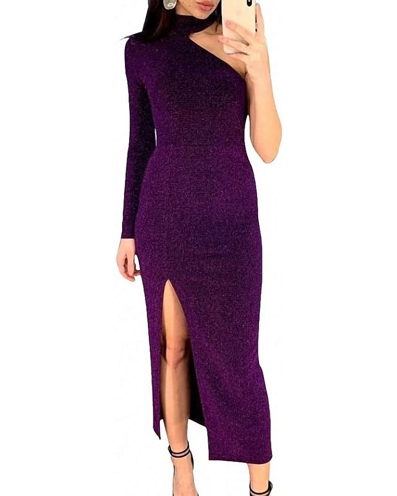 Women Long Sleeve Shiny Glitter One Shoulder Bodycon Flowy Split Party Maxi Long Dresses O-purple $18.50 Dresses