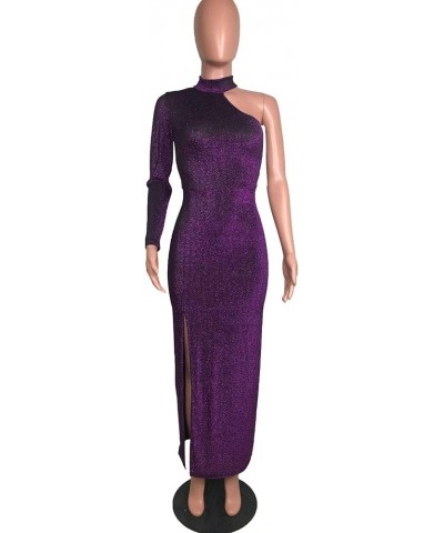 Women Long Sleeve Shiny Glitter One Shoulder Bodycon Flowy Split Party Maxi Long Dresses O-purple $18.50 Dresses