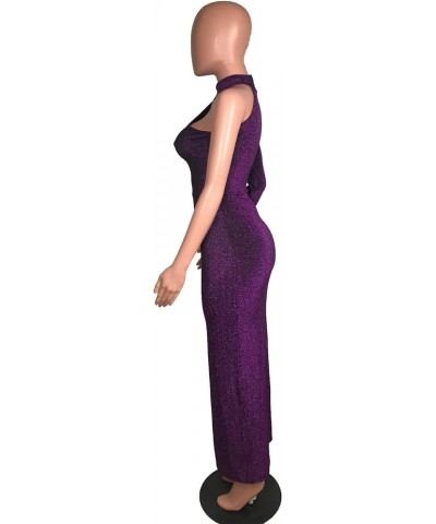 Women Long Sleeve Shiny Glitter One Shoulder Bodycon Flowy Split Party Maxi Long Dresses O-purple $18.50 Dresses