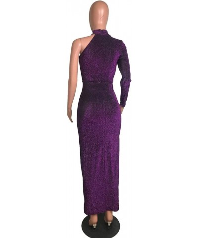 Women Long Sleeve Shiny Glitter One Shoulder Bodycon Flowy Split Party Maxi Long Dresses O-purple $18.50 Dresses