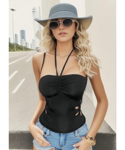 Womens Halter Neck Floral Cut Out Hollow Sleeveless Top Backless Y2K Camisole Crop Top Black $7.64 Tanks