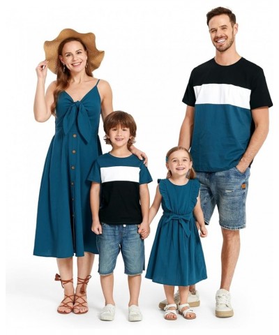 Matching Family Outfits Mommy and Me Spaghetti Strap Casual Sleeveless Dresses and Short-Sleeve T-Shirts Sets Girl Dark Green...