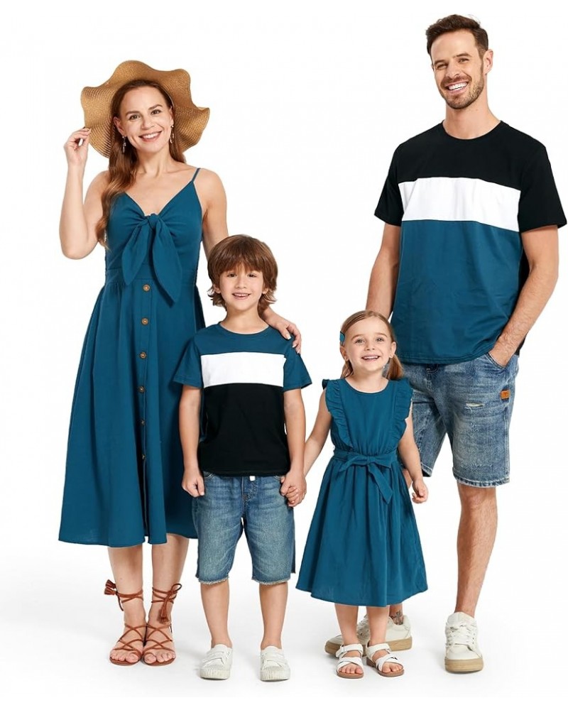 Matching Family Outfits Mommy and Me Spaghetti Strap Casual Sleeveless Dresses and Short-Sleeve T-Shirts Sets Girl Dark Green...