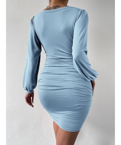 Women's Leopard Print V Neck Lantern Sleeve Bodycon Dress Blue Solid $23.00 Dresses