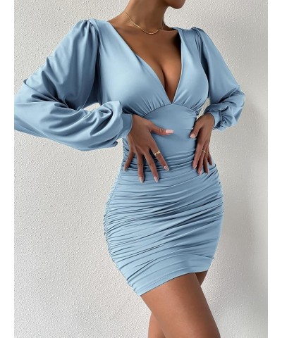 Women's Leopard Print V Neck Lantern Sleeve Bodycon Dress Blue Solid $23.00 Dresses