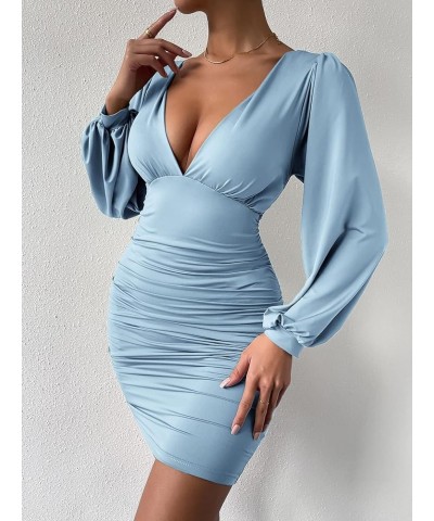 Women's Leopard Print V Neck Lantern Sleeve Bodycon Dress Blue Solid $23.00 Dresses