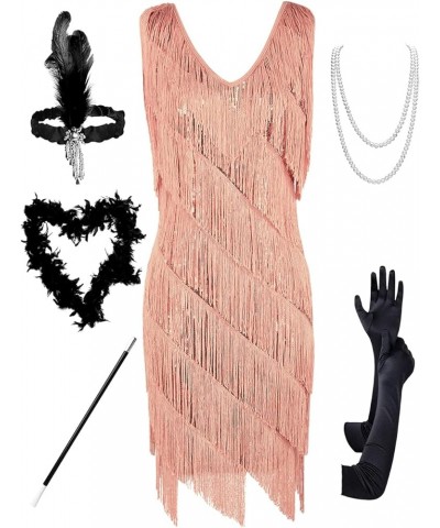 Women's Flapper Dress Sequined Fringe 1920s Gatsby Party Cocktail Dresses Rose Gold With Accessories $32.66 Dresses