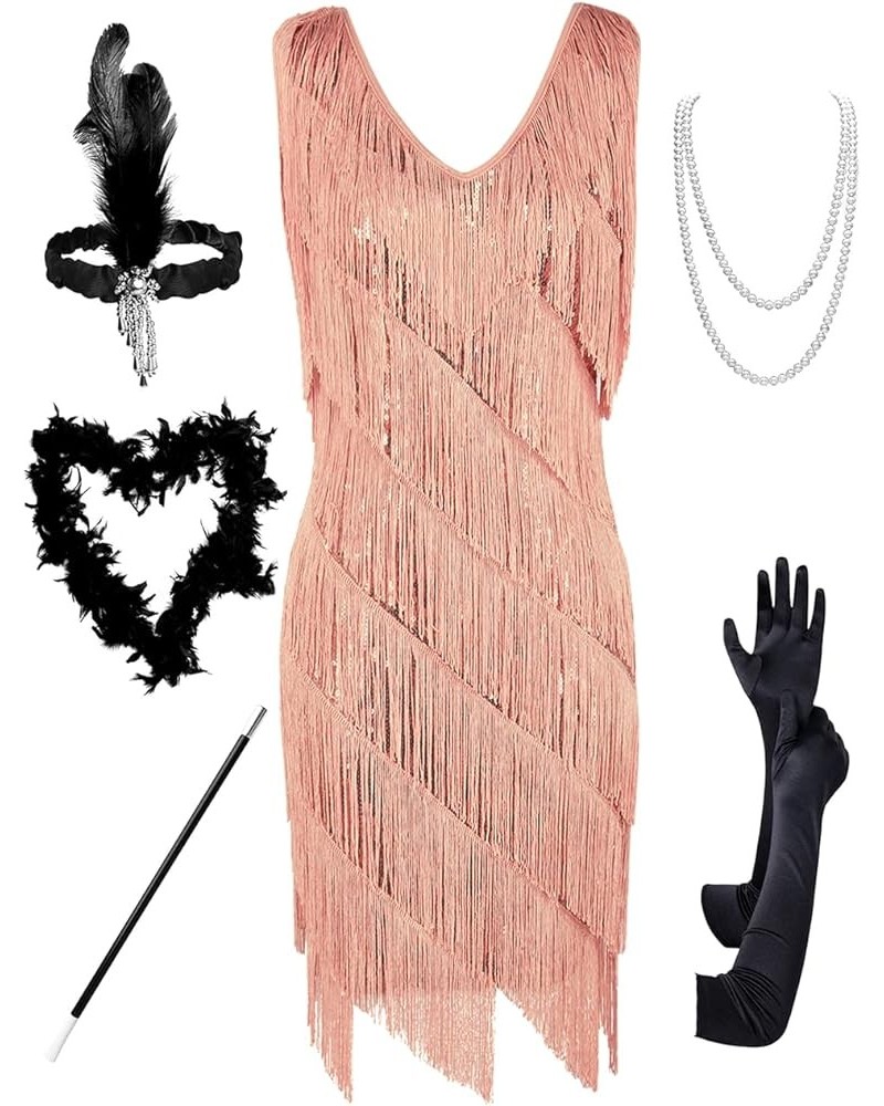 Women's Flapper Dress Sequined Fringe 1920s Gatsby Party Cocktail Dresses Rose Gold With Accessories $32.66 Dresses