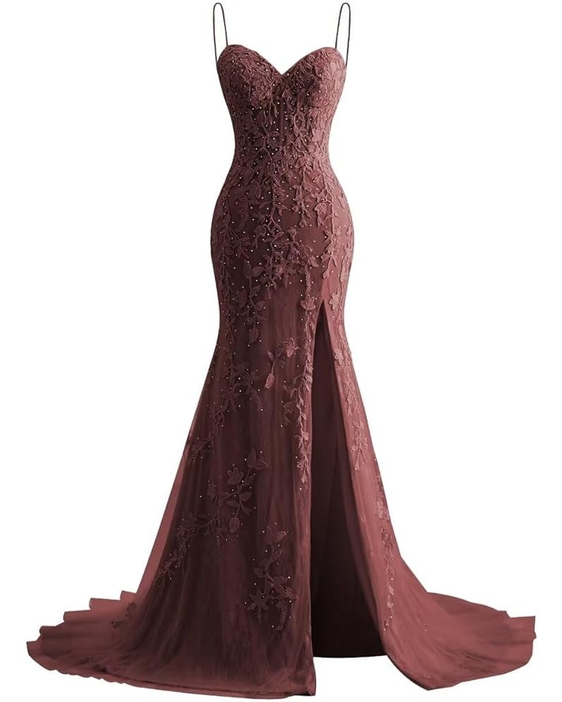 Lace Appliques Mermaid Prom Dresses with Slit Spaghetti Straps Formal Gown Tulle Party Dress for Women Burgundy $39.13 Dresses