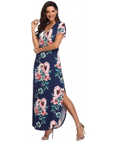 Women's Maxi Dresses Short Sleeve Floral Solid Summer Beach Dress Casual Loose V Neck Side Split Long Dress with Pockets 13-n...