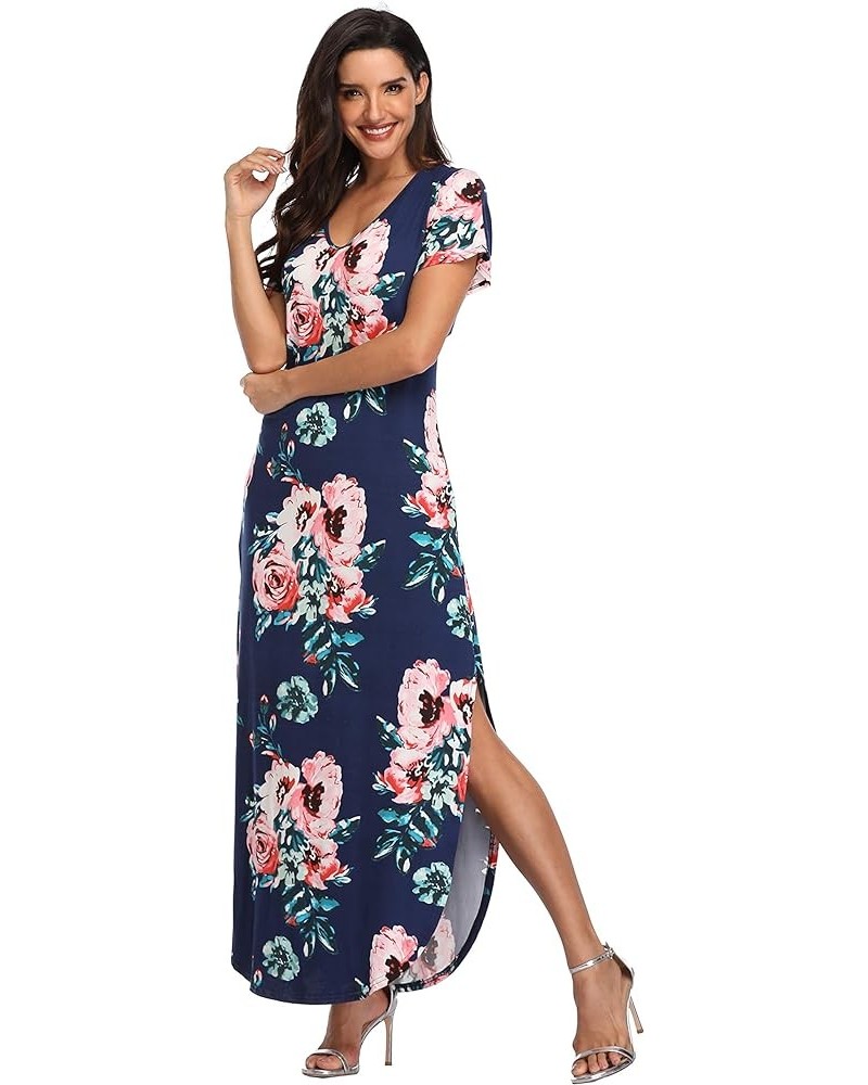 Women's Maxi Dresses Short Sleeve Floral Solid Summer Beach Dress Casual Loose V Neck Side Split Long Dress with Pockets 13-n...