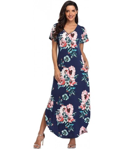 Women's Maxi Dresses Short Sleeve Floral Solid Summer Beach Dress Casual Loose V Neck Side Split Long Dress with Pockets 13-n...