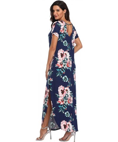 Women's Maxi Dresses Short Sleeve Floral Solid Summer Beach Dress Casual Loose V Neck Side Split Long Dress with Pockets 13-n...