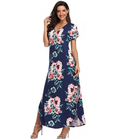 Women's Maxi Dresses Short Sleeve Floral Solid Summer Beach Dress Casual Loose V Neck Side Split Long Dress with Pockets 13-n...