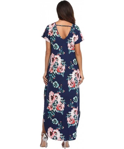 Women's Maxi Dresses Short Sleeve Floral Solid Summer Beach Dress Casual Loose V Neck Side Split Long Dress with Pockets 13-n...