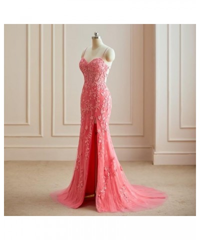 Lace Appliques Mermaid Prom Dresses with Slit Spaghetti Straps Formal Gown Tulle Party Dress for Women Burgundy $39.13 Dresses