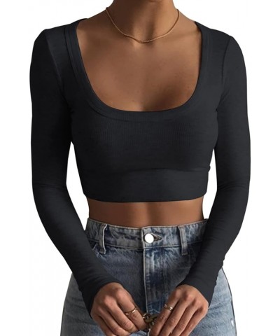 Womens Going Out Long Sleeve Slim Fit Basic Crop Top Y2k Fitted Tee Shirt Skinny Tight T-Shirt Streetwear A Black $10.25 T-Sh...