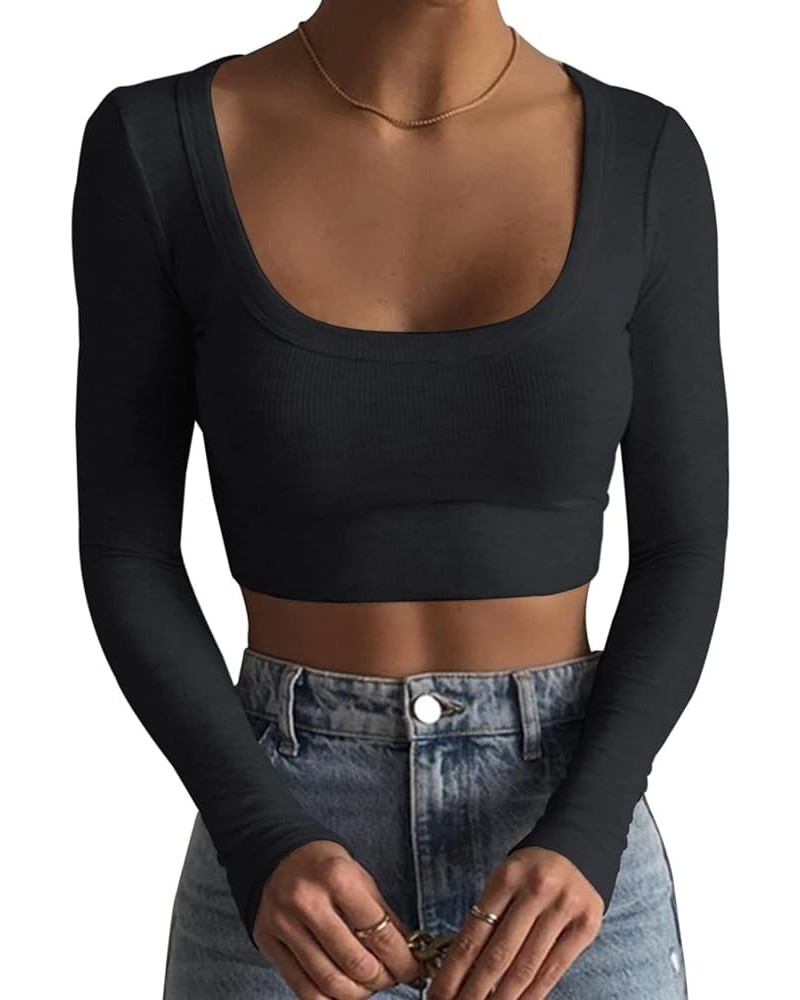 Womens Going Out Long Sleeve Slim Fit Basic Crop Top Y2k Fitted Tee Shirt Skinny Tight T-Shirt Streetwear A Black $10.25 T-Sh...