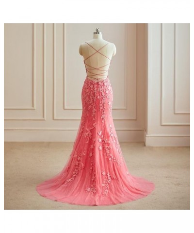 Lace Appliques Mermaid Prom Dresses with Slit Spaghetti Straps Formal Gown Tulle Party Dress for Women Burgundy $39.13 Dresses