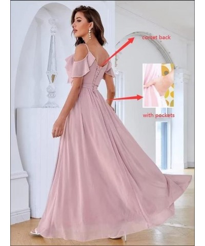 Off Shoulder Chiffon Bridesmaid Dresses Long with Slit V Neck Formal Prom Party Dresses for Women with Pockets Burnt Lavender...