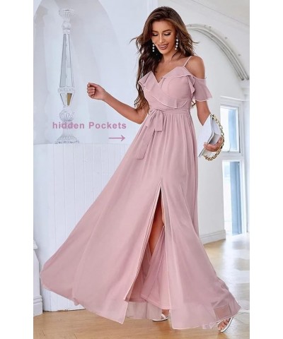 Off Shoulder Chiffon Bridesmaid Dresses Long with Slit V Neck Formal Prom Party Dresses for Women with Pockets Burnt Lavender...